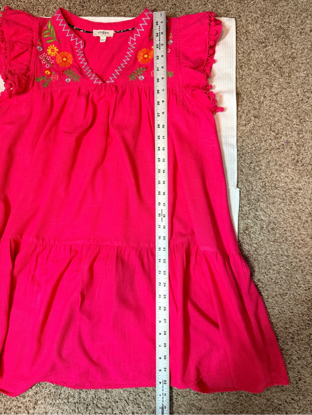 Umgee Fuchsia Boho Embroidered Pom-Pom Mini Dress L - Picture 7 of 9